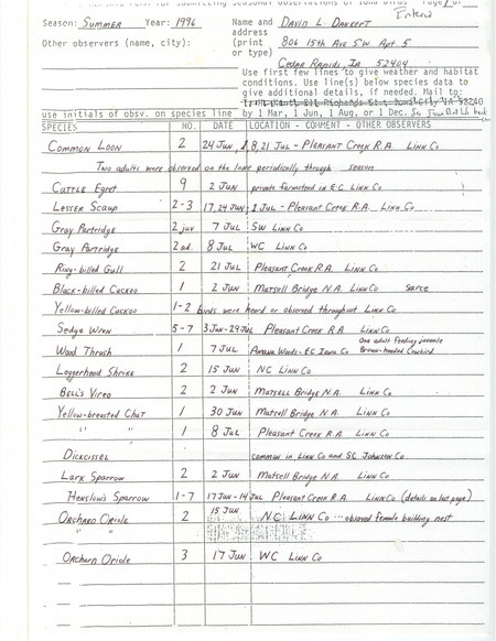 List of birds and locations contributed by David L. Dankert. This item was used as supporting documentation for the Iowa Ornithologists' Union Quarterly field report of summer 1996.