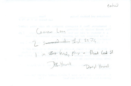 Field notes contributed by Daryl Howell regarding the sighting of two Common Loons near Pleasant Creek State Park. This item was used as supporting documentation for the Iowa Ornithologists' Union Quarterly field report of summer 1996.