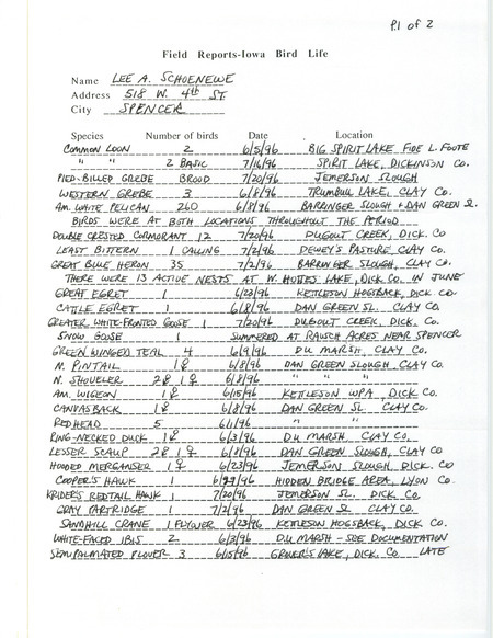 List of birds and locations contributed by Lee A. Schoenewe. This item was used as supporting documentation for the Iowa Ornithologists' Union Quarterly field report of summer 1996.