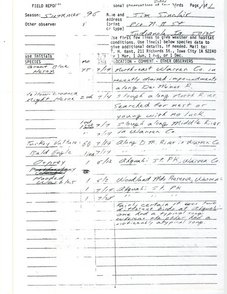 List of birds and locations contributed by Jim Sinclair. This item was used as supporting documentation for the Iowa Ornithologists' Union Quarterly field report of summer 1996.