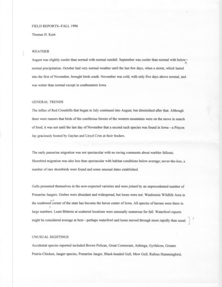 Quarterly field report for the fall of 1996 compiled by Thomas H. Kent.