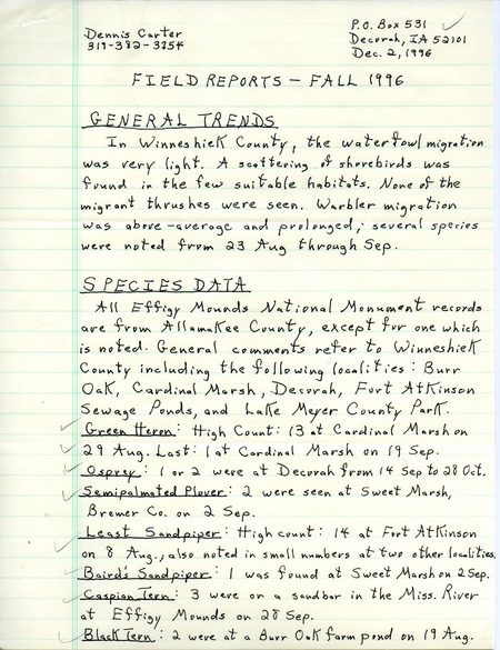 List of birds and locations contributed by Dennis L. Carter. This item was used as supporting documentation for the Iowa Ornithologists' Union Quarterly field report of fall 1996.