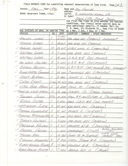 List of birds and locations contributed by James L. Fuller. This item was used as supporting documentation for the Iowa Ornithologists' Union Quarterly field report of fall 1996.