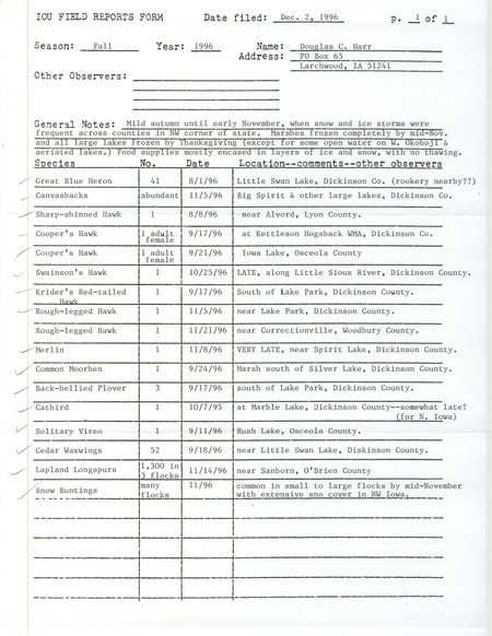List of birds and locations contributed by Douglas C. Harr. This item was used as supporting documentation for the Iowa Ornithologists' Union Quarterly field report of fall 1996.