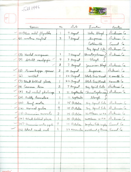 List of birds and locations contributed by Dennis Henrickson. This item was used as supporting documentation for the Iowa Ornithologists' Union Quarterly field report of fall 1996.