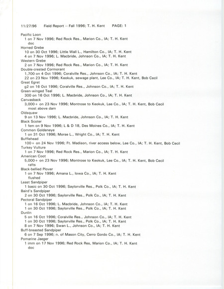 List of birds and locations contributed by Thomas H. Kent with observer Robert I. Cecil. This item was used as supporting documentation for the Iowa Ornithologists' Union Quarterly field report of fall 1996.