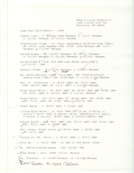 List of birds and locations contributed by Babs Padelford and Loren Padelford. This item was used as supporting documentation for the Iowa Ornithologists' Union Quarterly field report of fall 1996.