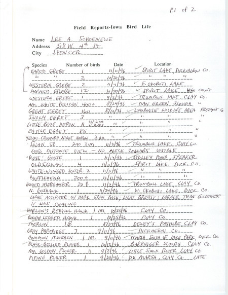 List of birds and locations contributed by Lee A. Schoenewe. This item was used as supporting documentation for the Iowa Ornithologists' Union Quarterly field report of fall 1996.