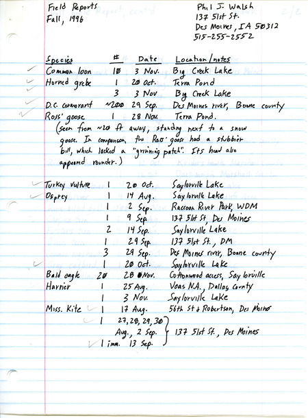List of birds and locations contributed by Philip J. Walsh. This item was used as supporting documentation for the Iowa Ornithologists' Union Quarterly field report of fall 1996.
