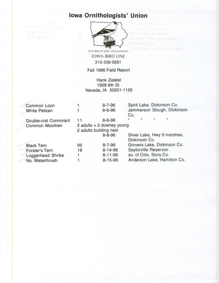 List of birds and locations contributed by Hank Zaletel. This item was used as supporting documentation for the Iowa Ornithologists' Union Quarterly field report of fall 1996.