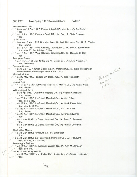 A list of documented bird sightings organized by species, June 11, 1997. The list also contains the number of birds seen, date of sighting, location, and observer of each species. This item was used as supporting documentation for the Iowa Ornithologists' Union Quarterly field report of spring 1997.