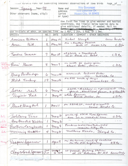 List of birds and locations contributed by Rita Goranson. This item was used as supporting documentation for the Iowa Ornithologists' Union Quarterly field report of spring 1997.