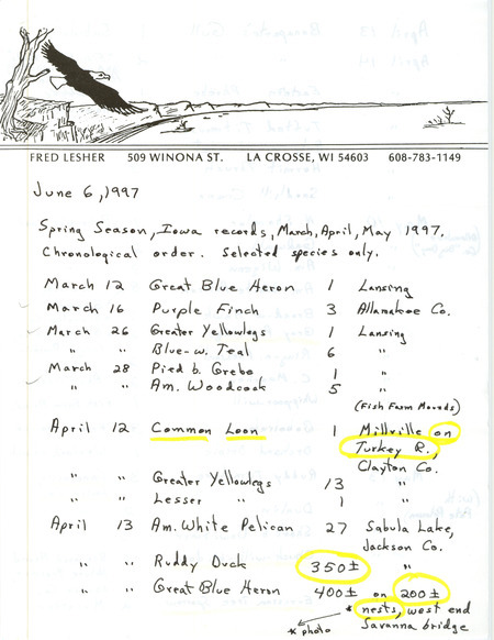 List of birds and locations contributed by Fred Lesher. This item was used as supporting documentation for the Iowa Ornithologists' Union Quarterly field report of spring 1997.