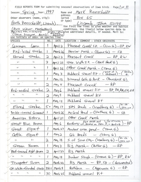List of birds and locations contributed by Mark Proescholdt with observers Beth Proescholdt, Russ Widner, Pam Allen, Reid I. Allen and others.This item was used as supporting documentation for the Iowa Ornithologists' Union Quarterly field report of spring 1997.