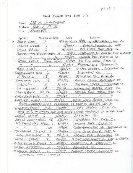 List of birds and locations contributed by Lee A. Schoenewe. This item was used as supporting documentation for the Iowa Ornithologists' Union Quarterly field report of spring 1997.