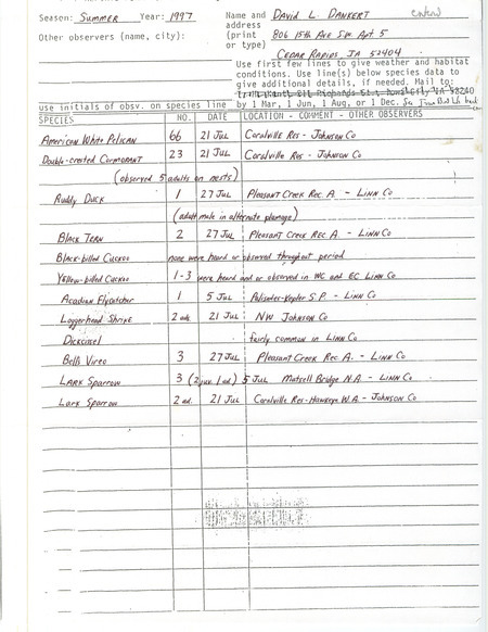 Summer report of birds found in Johnson County and Linn County contributed by David L. Dankert. This item was used as supporting documentation for the Iowa Ornithologists' Union Quarterly field report of summer 1997.