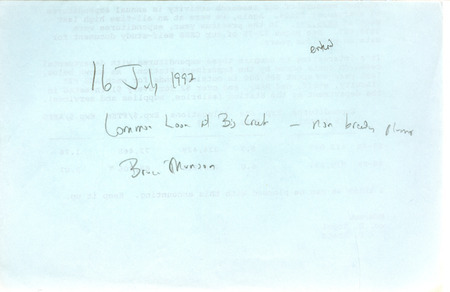 Summer report of a Common Loon sighting at Big Creek Lake contributed by Bruce Roy Munson. This item was used as supporting documentation for the Iowa Ornithologists' Union Quarterly field report of summer 1997.