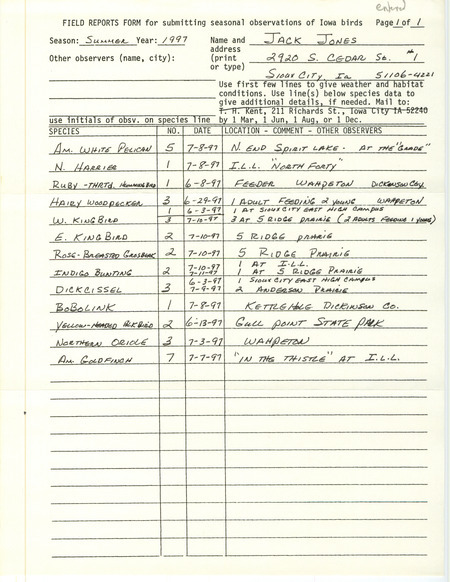 Summer report of birds and locations contributed by Jack Jones. This item was used as supporting documentation for the Iowa Ornithologists' Union Quarterly field report of summer 1997.