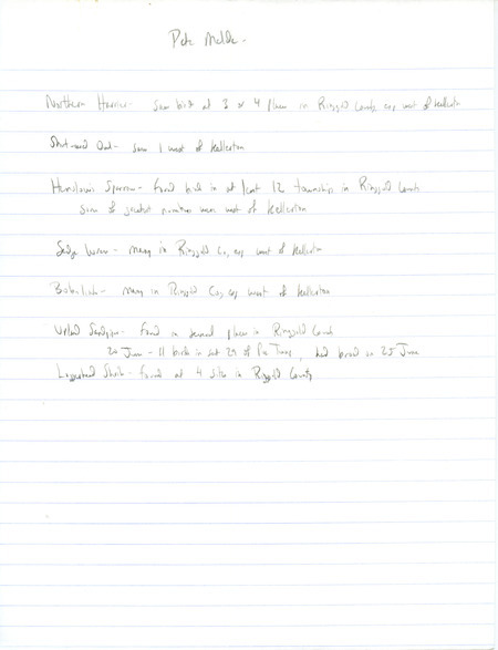 Summer report of birds and locations contributed by Peter B. Melde. Also included is a letter from Rolf R. Koford to James J. Dinsmore (on behalf of Melde) regarding notes on Melde's sightings of Hen Harriers and Short-eared Owls. This item was used as supporting documentation for the Iowa Ornithologists' Union Quarterly field report of summer 1997.