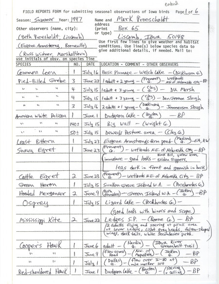 Summer report of birds and locations contributed by Mark Proescholdt. This item was used as supporting documentation for the Iowa Ornithologists' Union Quarterly field report of summer 1997.