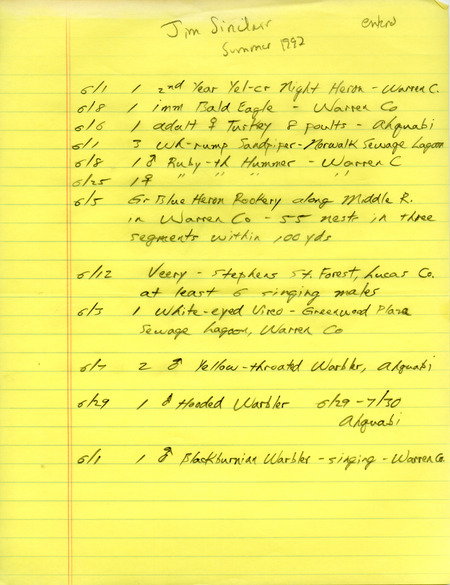 Summer report of birds and locations contributed by Jim Sinclair. This item was used as supporting documentation for the Iowa Ornithologists' Union Quarterly field report of summer 1997.