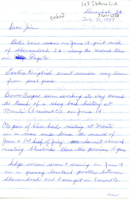 Letter from Marie E. Spears Tiemann and Jean B. Braley to James J. Dinsmore regarding summer bird sightings, July 31, 1997. This item was used as supporting documentation for the Iowa Ornithologists' Union Quarterly field report of summer 1997.