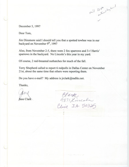 Letter from Jane Clark to Thomas H. Kent regarding fall bird sightings, December 5, 1997. This item was used as supporting documentation for the Iowa Ornithologists' Union Quarterly field report of fall 1997.
