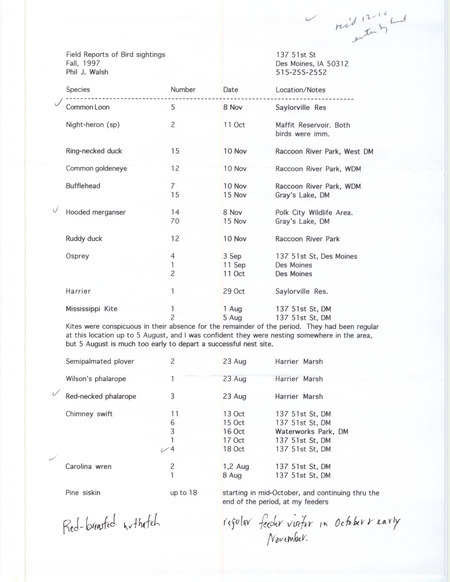 Fall report of birds found in central Iowa contributed by Philip J. Walsh. This item was used as supporting documentation for the Iowa Ornithologists' Union Quarterly field report of fall 1997.