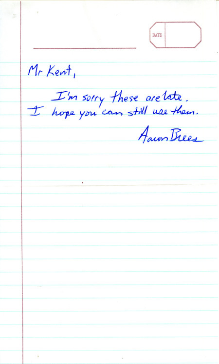 Fall report of birds and locations contributed by Aaron Brees. Also includes a brief note from Brees to Thomas H. Kent regarding the lateness of the report. This item was used as supporting documentation for the Iowa Ornithologists' Union Quarterly field report of fall 1997.