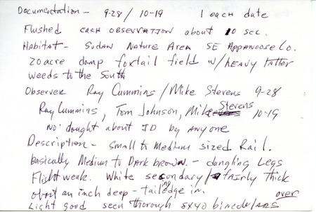 Fall report of birds and locations contributed by Raymond L. Cummins. Also included are details of a Yellow Rail sighting. This item was used as supporting documentation for the Iowa Ornithologists' Union Quarterly field report of fall 1997.