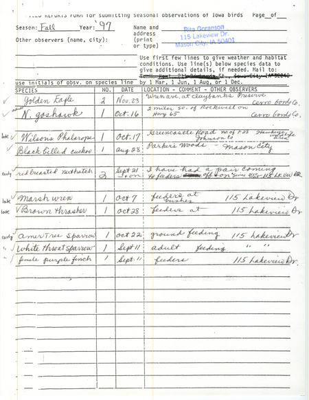 Fall report of birds and locations contributed by Rita Goranson. This item was used as supporting documentation for the Iowa Ornithologists' Union Quarterly field report of fall 1997.