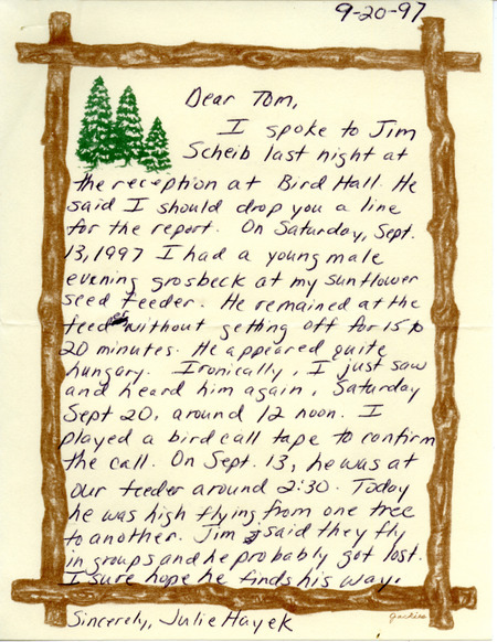 Letter from Julie B. Hayek to Thomas H. Kent regarding an Evening Grosbeak sighting, September 20, 1997. This item was used as supporting documentation for the Iowa Ornithologists' Union Quarterly field report of fall 1997.