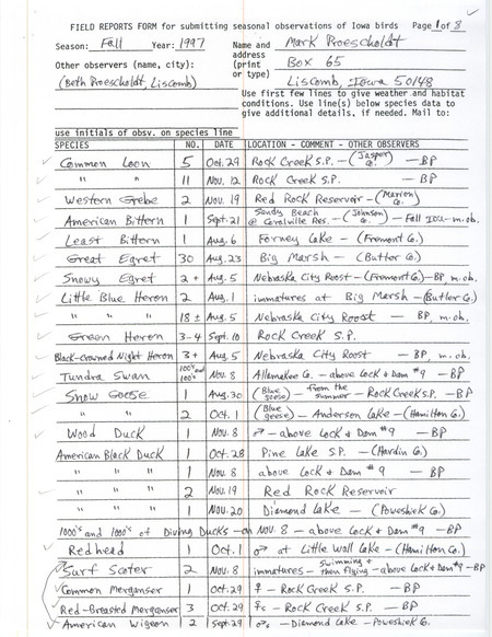 Fall report of birds and locations contributed by Mark Proescholdt and other observers. Also includes a brief note from Proescholdt to Thomas H. Kent regarding the fall birding season and the upcoming fall report. This item was used as supporting documentation for the Iowa Ornithologists' Union Quarterly field report of fall 1997.