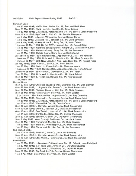 List of bird sightings dated June 12, 1998. This list contains all the sightings that were reported in Iowa for spring 1998. This item was used as supporting documentation for the Iowa Ornithologists' Union Quarterly field report of spring 1998.