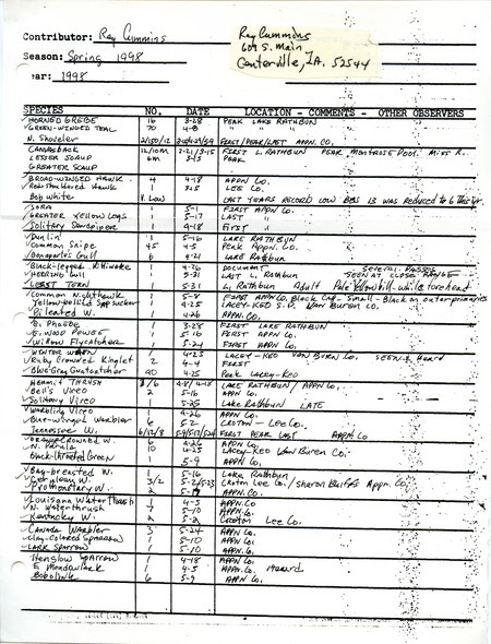 An annotated list of birds sighted by Ray Cummins. This item was used as supporting documentation for the Iowa Ornithologists' Union Quarterly field report of spring 1998.