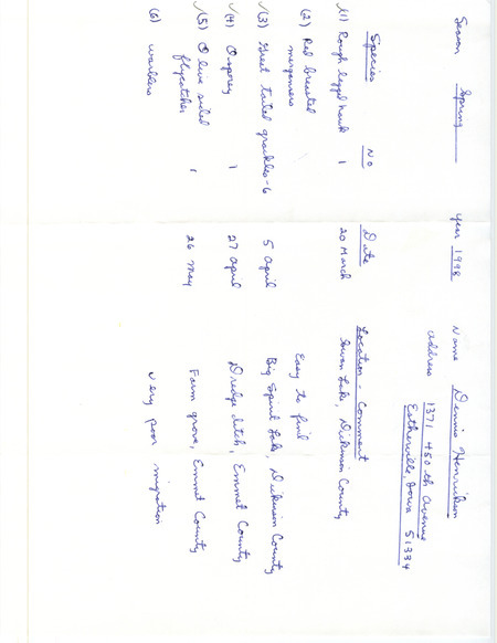An annotated list of birds sighted by Dennis Henrickson. This item was used as supporting documentation for the Iowa Ornithologists' Union Quarterly field report of spring 1998.