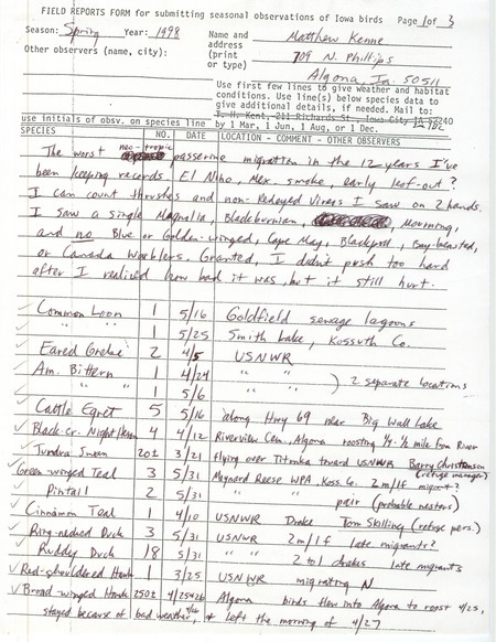 An annotated list of birds sighted by Matthew Kenne and others. This item was used as supporting documentation for the Iowa Ornithologists' Union Quarterly field report of spring 1998.