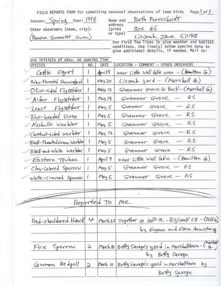 An annotated list of birds sighted by Beth Proescholdt and others. This item was used as supporting documentation for the Iowa Ornithologists' Union Quarterly field report of spring 1998.