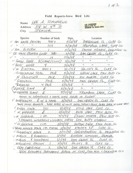An annotated list of birds sighted by Lee Schoenewe. This item was used as supporting documentation for the Iowa Ornithologists' Union Quarterly field report of spring 1998.