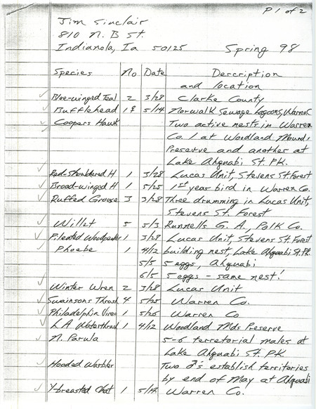 An annotated list of birds sighted by Jim Sinclair. This item was used as supporting documentation for the Iowa Ornithologists' Union Quarterly field report of spring 1998.