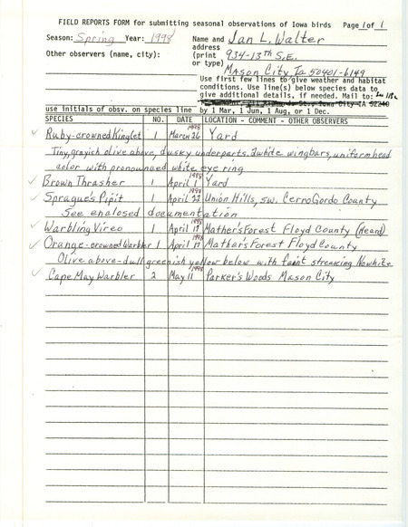 An annotated list of birds sighted by Jan Walter. This item was used as supporting documentation for the Iowa Ornithologists' Union Quarterly field report of spring 1998.
