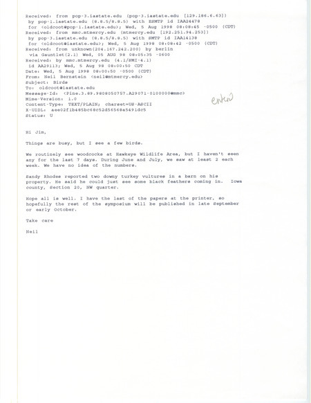 Printout of an email from Neil Bernstein to Jim Dinsmore dated August 5, 1998. Bernstein reports sighting Woodcocks at Hawkeye Wildlife Area and relays that Sandy Rhodes noticed two downy Turkey Vultures in his barn. This item was used as supporting documentation for the Iowa Ornithologists' Union Quarterly field report of summer 1998.