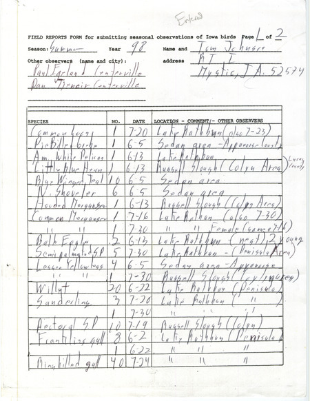 An annotated list of birds sighted by Tom Johnson and others. This item was used as supporting documentation for the Iowa Ornithologists' Union Quarterly field report of summer 1998.
