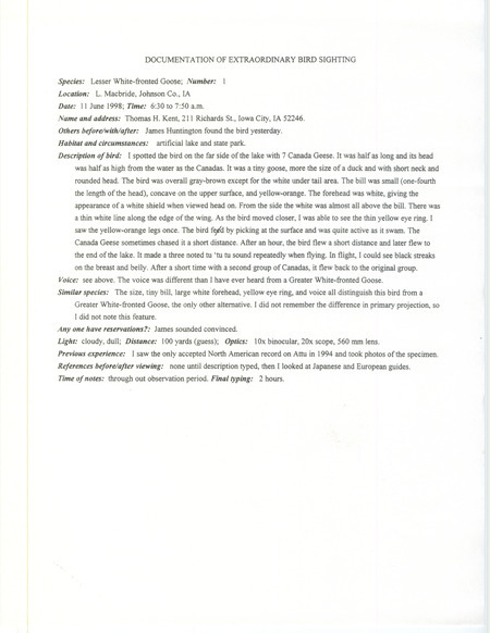Thomas Kent documents sighting a Lesser White-fronted Goose on June 11, 1998. This item was used as supporting documentation for the Iowa Ornithologists' Union Quarterly field report of summer 1998.