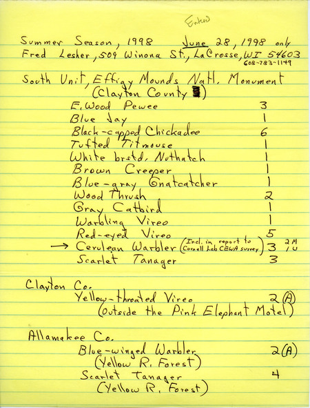 An annotated list of birds sighted by Fred Lesher dated June 28, 1998 and July 22, 1998. This item was used as supporting documentation for the Iowa Ornithologists' Union Quarterly field report of summer 1998.