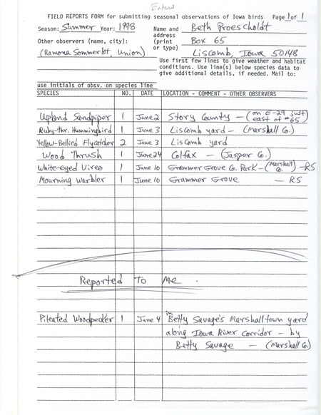 An annotated list of birds sighted by Beth Proescholdt and others. This item was used as supporting documentation for the Iowa Ornithologists' Union Quarterly field report of summer 1998.