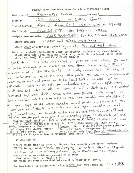 Mark Proescholdt documents the sighting of a Red-necked Grebe on June 28, 1998. This item was used as supporting documentation for the Iowa Ornithologists' Union Quarterly field report of summer 1998.