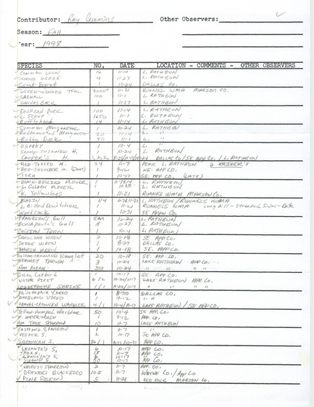 Fall report of birds and locations contributed by Raymond L. Cummins. This item was used as supporting documentation for the Iowa Ornithologists' Union Quarterly field report of fall 1998.