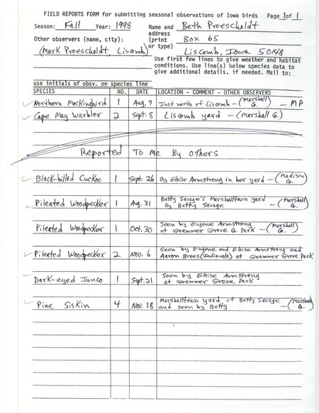 Fall report of birds and locations contributed by Beth Proescholdt and other observers. Also included are the results from a Hawk watch held at Grammer Grove County Wildlife Area from September 9 through November 25, 1998. This item was used as supporting documentation for the Iowa Ornithologists' Union Quarterly field report of fall 1998.