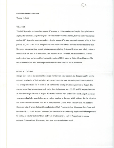 Quarterly field report for the fall of 1998 compiled by Thomas H. Kent.